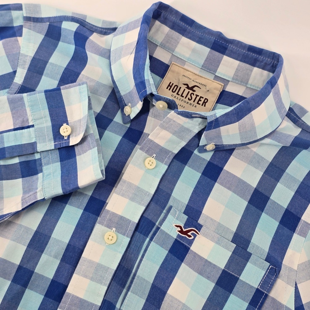 Hollister Button Down Shirt Mens XL Blue White Gingham Check Long Sleeve Logo